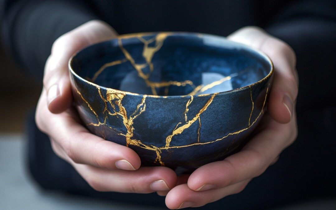Kintsugi bowl with hands showing the beauty of the repairs in the bowl.